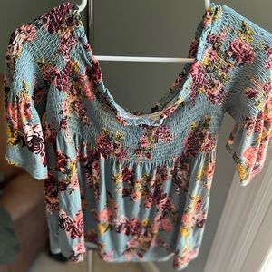 Xhilaration womens top blue floral off the shoulder Sz M